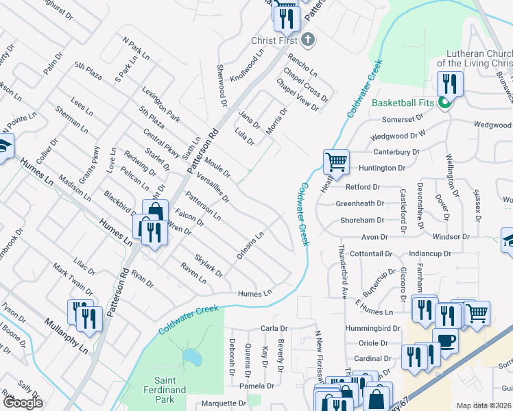 map of restaurants, bars, coffee shops, grocery stores, and more near 405 Moule Drive in Florissant
