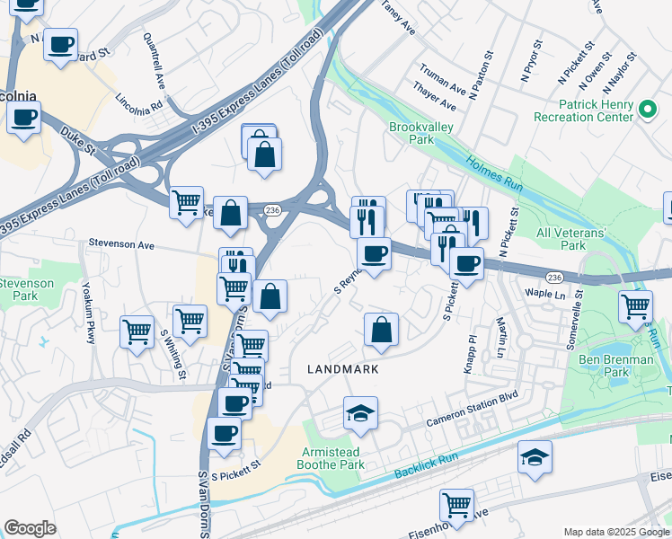 map of restaurants, bars, coffee shops, grocery stores, and more near 75 South Reynolds Street in Alexandria