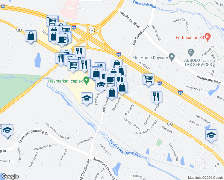 map of restaurants, bars, coffee shops, grocery stores, and more near 6700 Jefferson Street in Haymarket