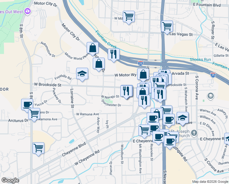 map of restaurants, bars, coffee shops, grocery stores, and more near 48 West Brookside Street in Colorado Springs
