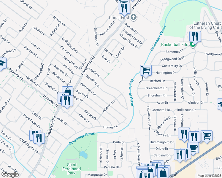 map of restaurants, bars, coffee shops, grocery stores, and more near 405 Moule Drive in Florissant