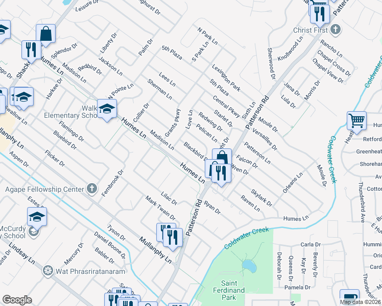 map of restaurants, bars, coffee shops, grocery stores, and more near 735 Blackbird Drive in Florissant