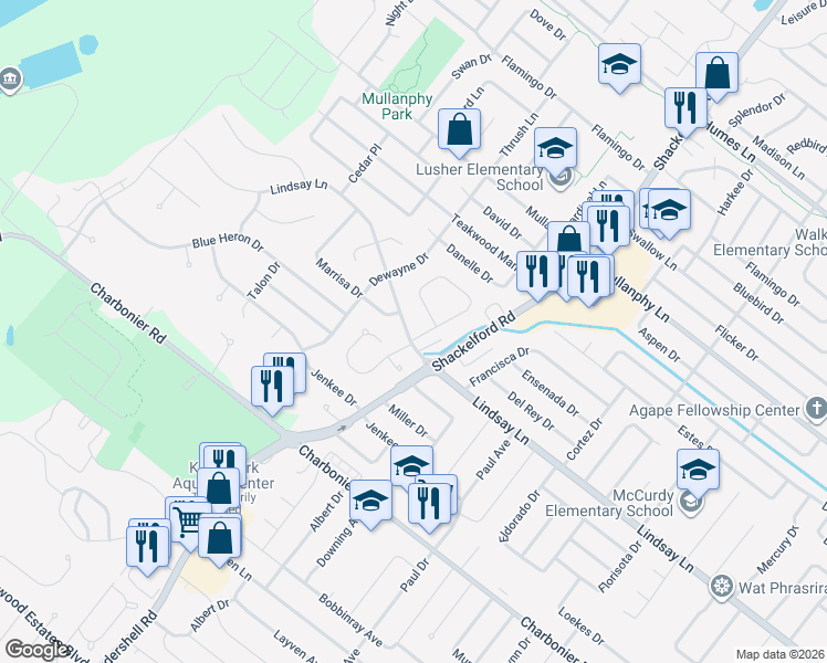 map of restaurants, bars, coffee shops, grocery stores, and more near 1975 Lindsay Lane in Florissant