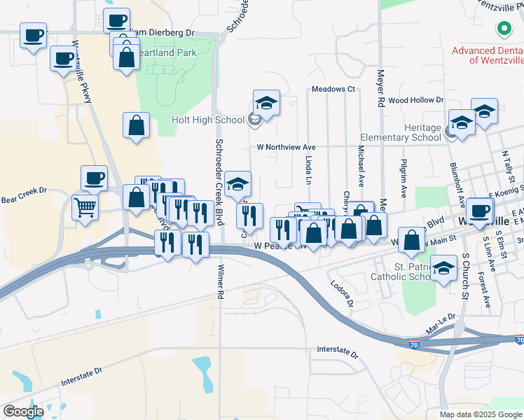 map of restaurants, bars, coffee shops, grocery stores, and more near 201 Saint Charles Street in Wentzville