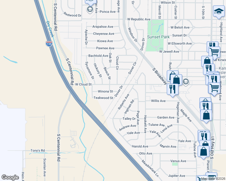map of restaurants, bars, coffee shops, grocery stores, and more near 1321 West Cloud Street in Salina
