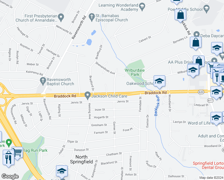 map of restaurants, bars, coffee shops, grocery stores, and more near 7400 Braddock Road in Annandale