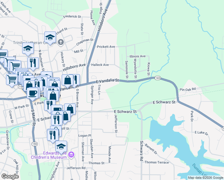 map of restaurants, bars, coffee shops, grocery stores, and more near 650 East Vandalia Street in Edwardsville