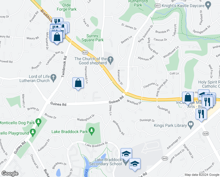 map of restaurants, bars, coffee shops, grocery stores, and more near 5106 Arrit Court in Burke