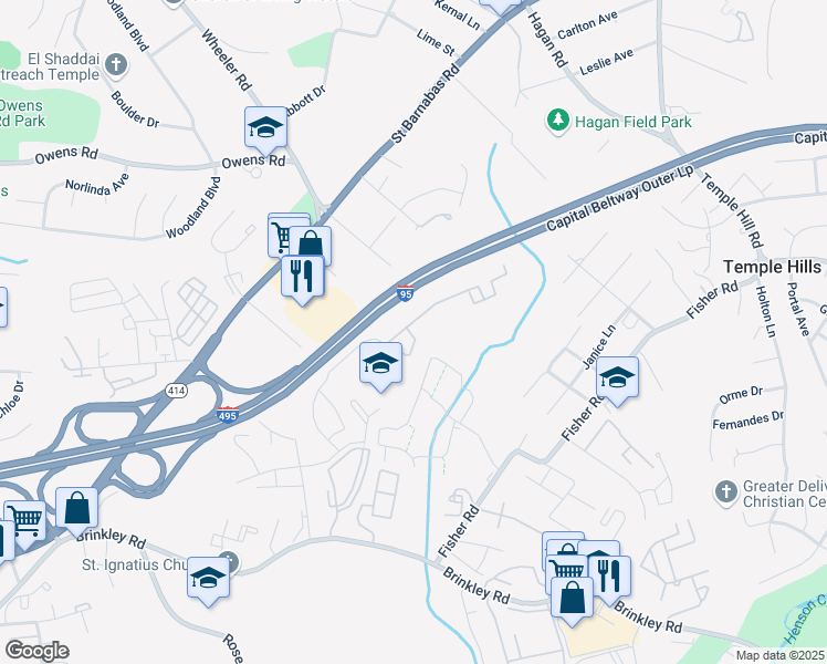map of restaurants, bars, coffee shops, grocery stores, and more near 5301 Haras Place in Fort Washington