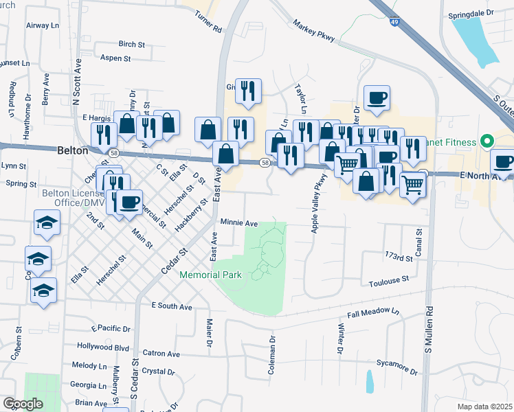 map of restaurants, bars, coffee shops, grocery stores, and more near 107 Bernard Drive in Belton