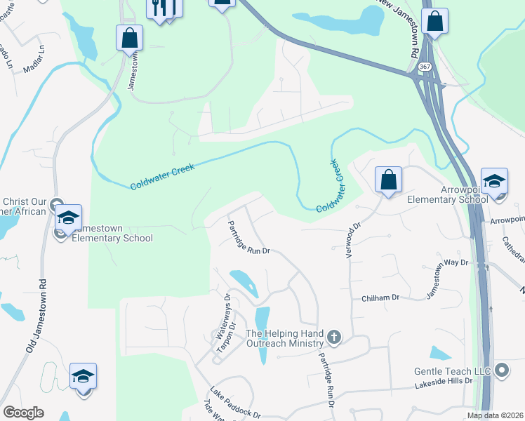 map of restaurants, bars, coffee shops, grocery stores, and more near 6596 Epphingham Lane in Florissant