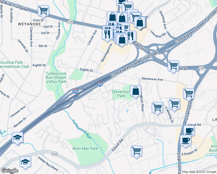 map of restaurants, bars, coffee shops, grocery stores, and more near 6267 Masefield Court in Alexandria
