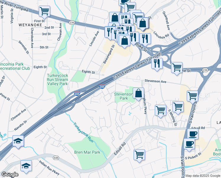 map of restaurants, bars, coffee shops, grocery stores, and more near 6267 Masefield Court in Alexandria