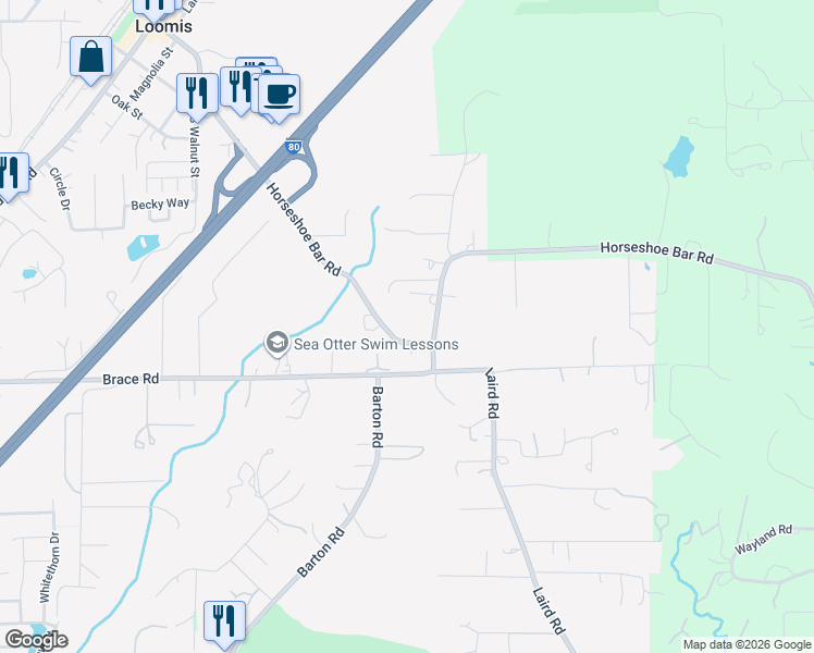 map of restaurants, bars, coffee shops, grocery stores, and more near 6365 Horseshoe Bar Road in Loomis