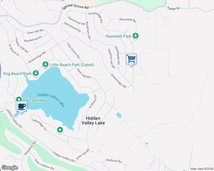 map of restaurants, bars, coffee shops, grocery stores, and more near 18954 Deer Hill Road in Hidden Valley Lake