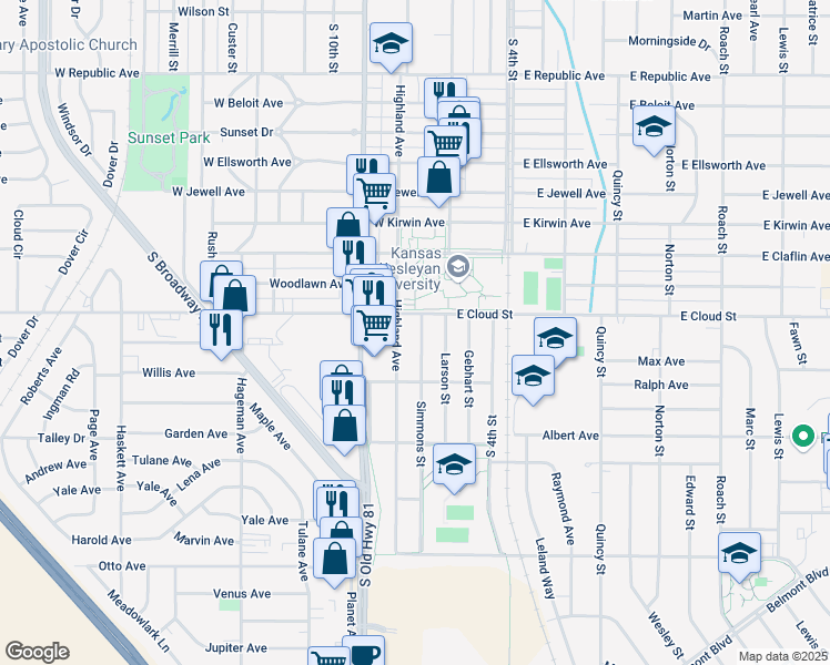 map of restaurants, bars, coffee shops, grocery stores, and more near 129 W Cloud St in Salina