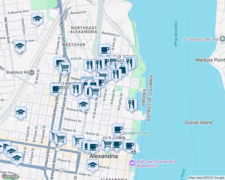 map of restaurants, bars, coffee shops, grocery stores, and more near 400 Madison Street in Alexandria