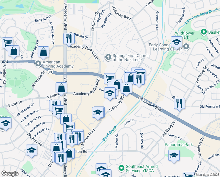 map of restaurants, bars, coffee shops, grocery stores, and more near 4121 East Fountain Boulevard in Colorado Springs