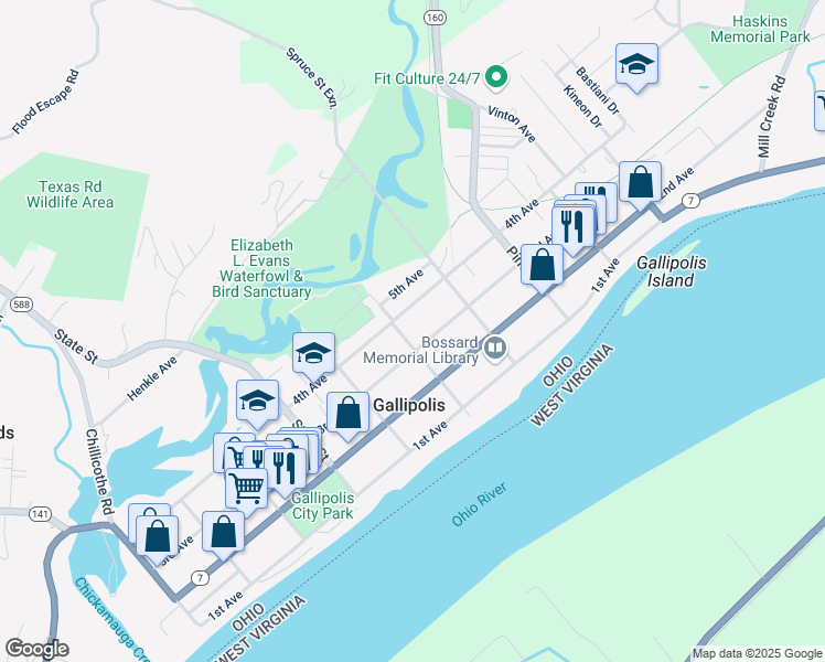map of restaurants, bars, coffee shops, grocery stores, and more near 628 3rd Avenue in Gallipolis