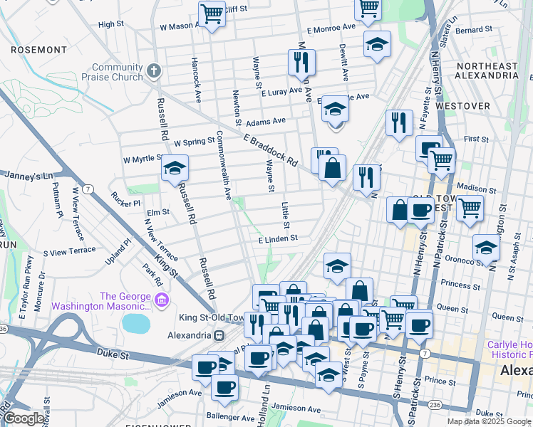 map of restaurants, bars, coffee shops, grocery stores, and more near 21 East Walnut Street in Alexandria