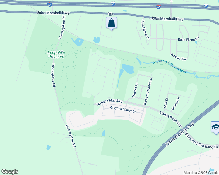 map of restaurants, bars, coffee shops, grocery stores, and more near 16063 Green Bay Street in Haymarket