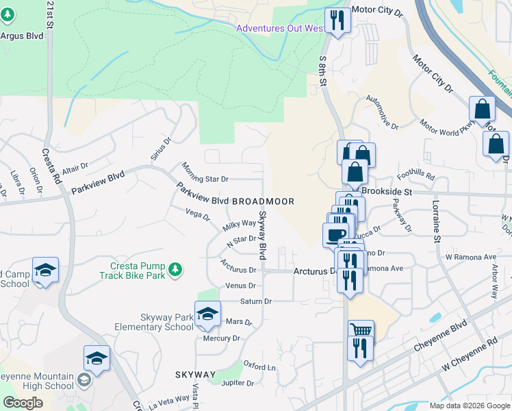 map of restaurants, bars, coffee shops, grocery stores, and more near 1001 Parkview Boulevard in Colorado Springs