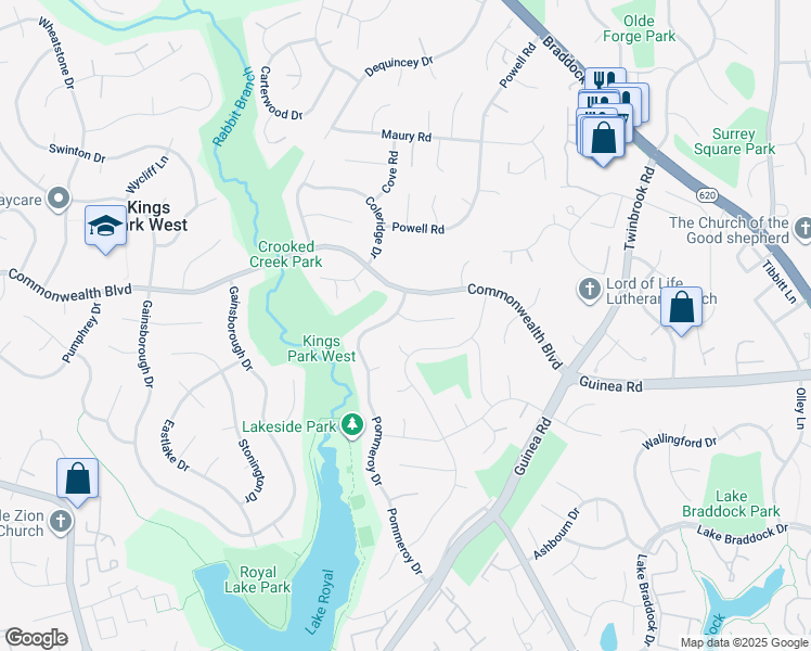 map of restaurants, bars, coffee shops, grocery stores, and more near 9717 Galsworth Court in Fairfax