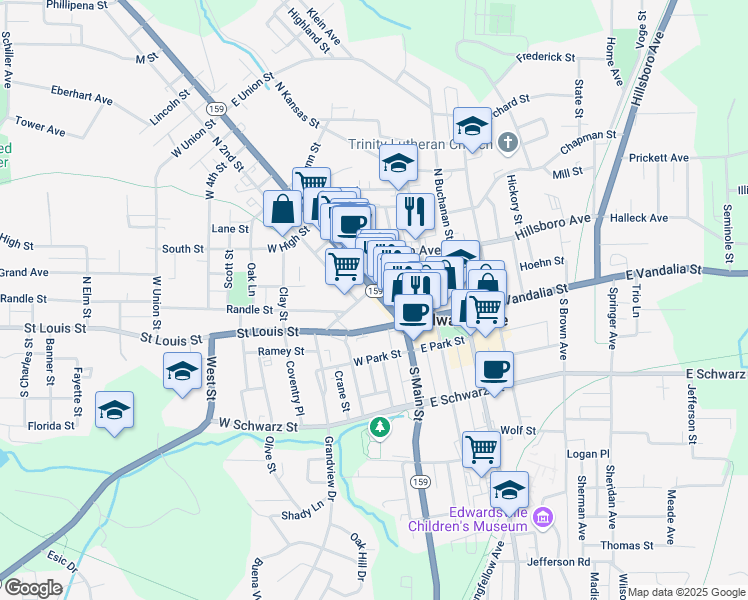 map of restaurants, bars, coffee shops, grocery stores, and more near 140-A North Main Street in Edwardsville