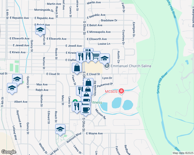 map of restaurants, bars, coffee shops, grocery stores, and more near 1200-1298 East Cloud Street in Salina