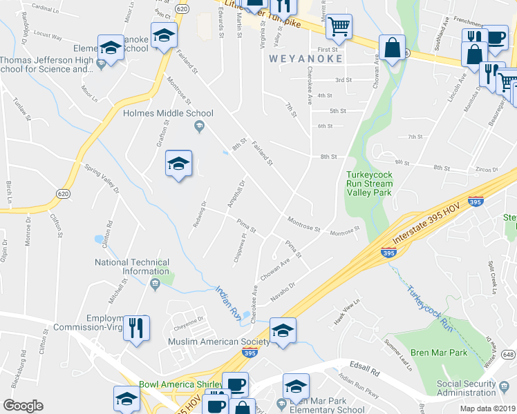 map of restaurants, bars, coffee shops, grocery stores, and more near 6421 Montrose Street in Alexandria