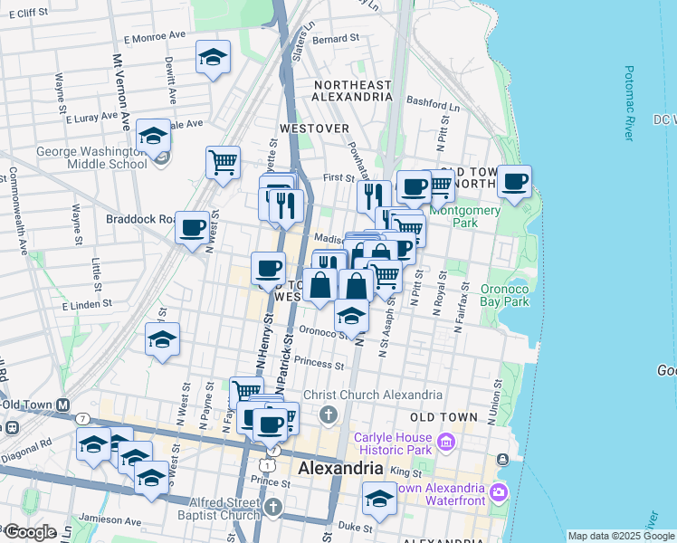 map of restaurants, bars, coffee shops, grocery stores, and more near 825 Wythe Street in Alexandria