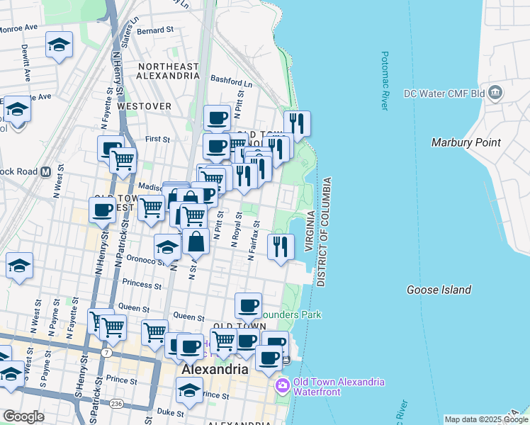map of restaurants, bars, coffee shops, grocery stores, and more near 701 North Fairfax Street in Alexandria