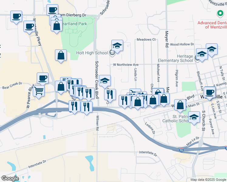 map of restaurants, bars, coffee shops, grocery stores, and more near Saint Charles Street in Wentzville