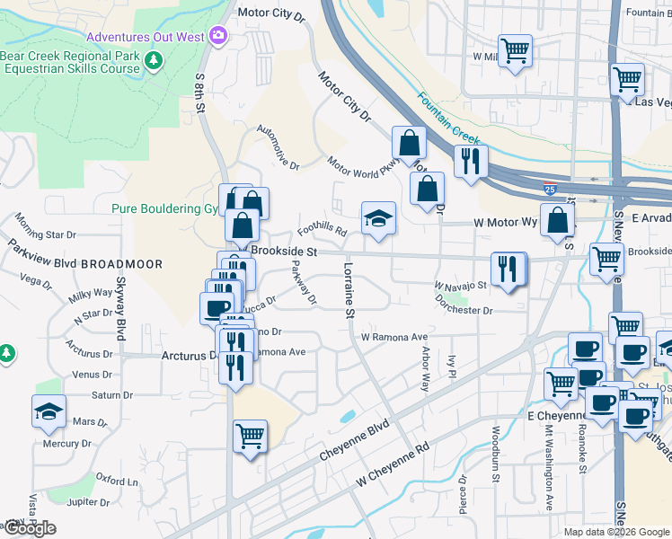 map of restaurants, bars, coffee shops, grocery stores, and more near 515 West Brookside Street in Colorado Springs