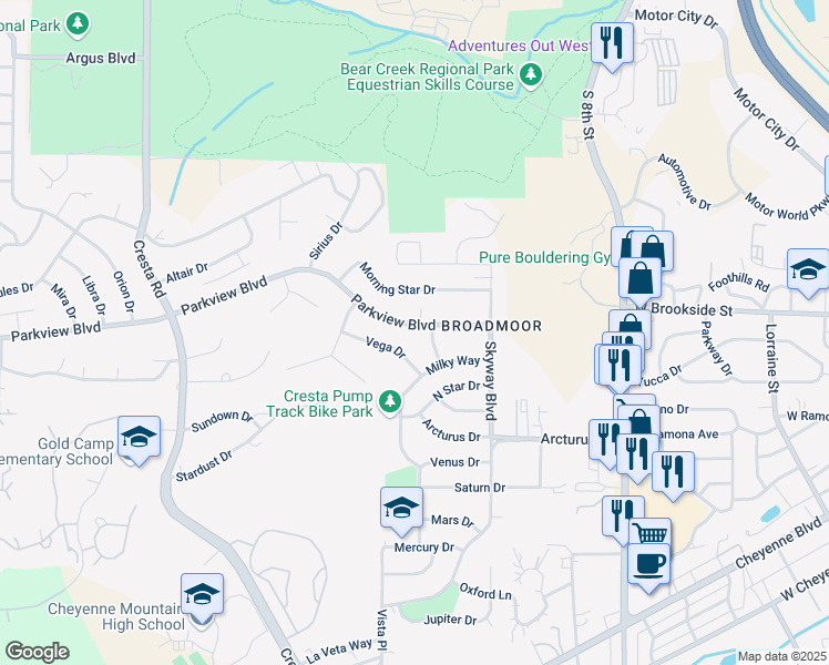 map of restaurants, bars, coffee shops, grocery stores, and more near 1102 Parkview Boulevard in Colorado Springs