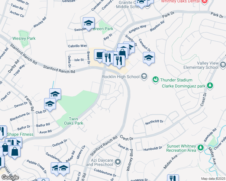 map of restaurants, bars, coffee shops, grocery stores, and more near 211b Santa Fe Way in Rocklin