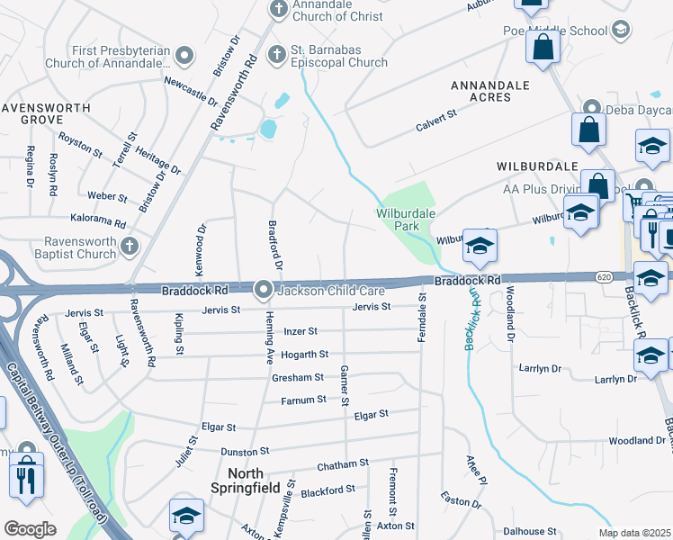 map of restaurants, bars, coffee shops, grocery stores, and more near 7400 Braddock Road in Annandale