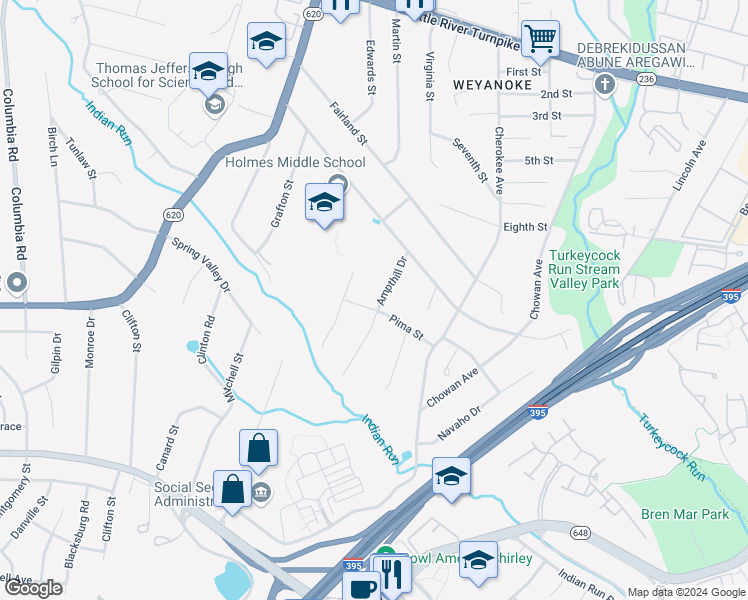 map of restaurants, bars, coffee shops, grocery stores, and more near 5124 Ampthill Drive in Alexandria