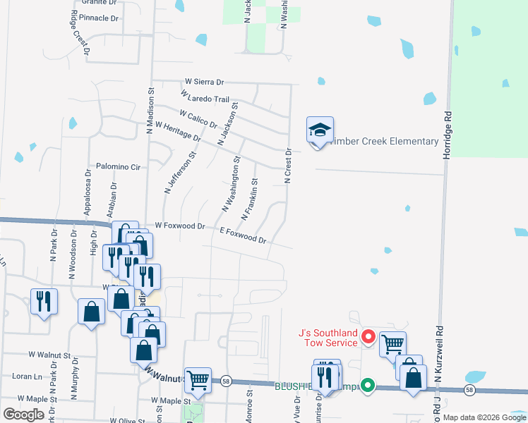 map of restaurants, bars, coffee shops, grocery stores, and more near 416 North Cheyenne Drive in Raymore