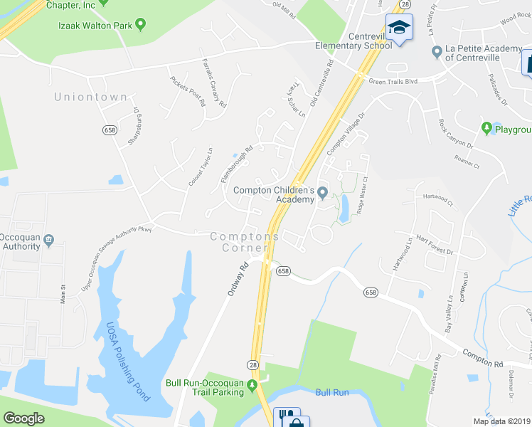 map of restaurants, bars, coffee shops, grocery stores, and more near 14523 Skipton Court in Centreville