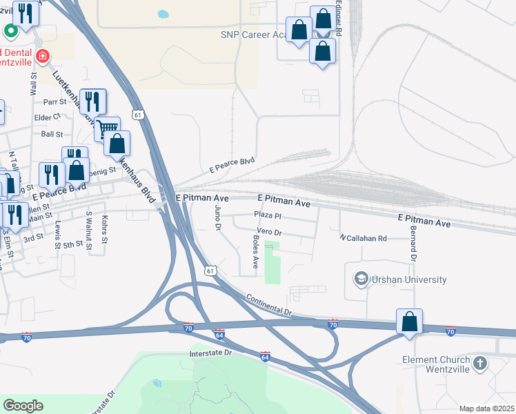 map of restaurants, bars, coffee shops, grocery stores, and more near 1416 East Pitman Street in Wentzville