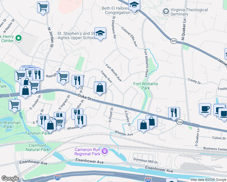 map of restaurants, bars, coffee shops, grocery stores, and more near 127 North Floyd Street in Alexandria