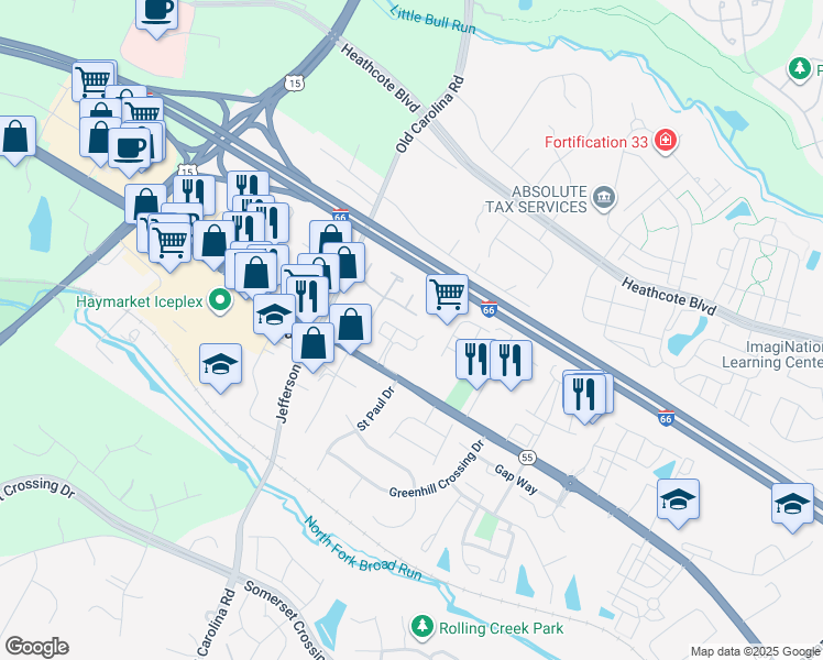 map of restaurants, bars, coffee shops, grocery stores, and more near 6858 Karter Robinson Drive in Haymarket