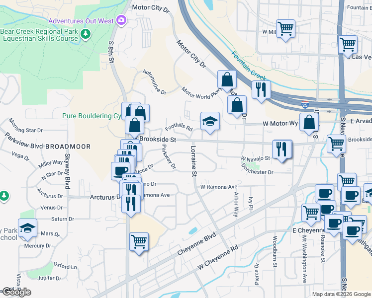 map of restaurants, bars, coffee shops, grocery stores, and more near 515 West Brookside Street in Colorado Springs