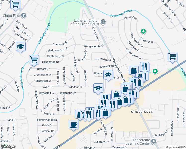 map of restaurants, bars, coffee shops, grocery stores, and more near 2490 Woodsage Drive in Florissant