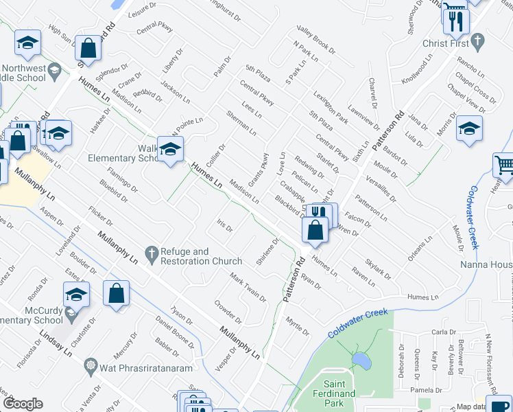 map of restaurants, bars, coffee shops, grocery stores, and more near 780 Madison Lane in Florissant