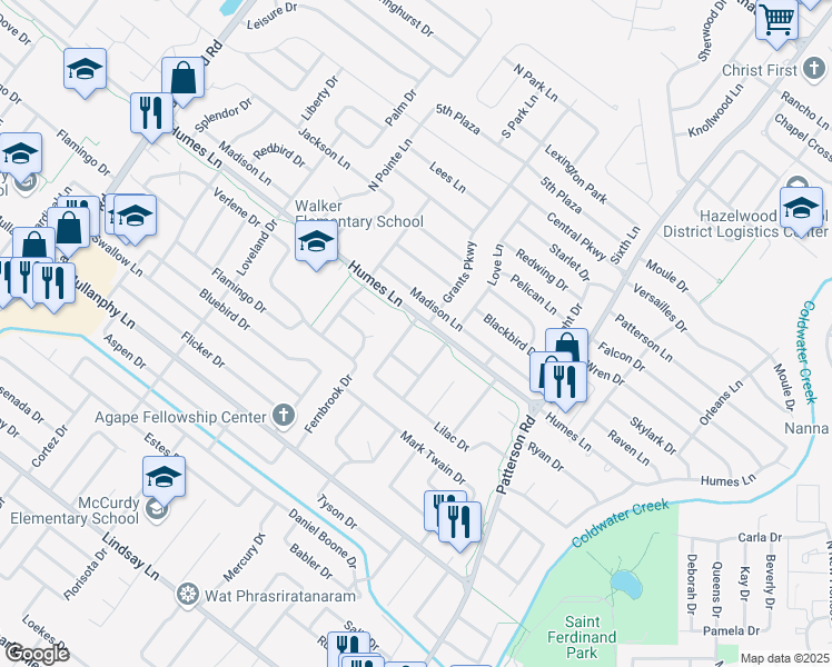 map of restaurants, bars, coffee shops, grocery stores, and more near 1930 Violet Drive in Florissant