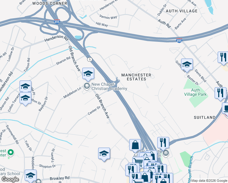 map of restaurants, bars, coffee shops, grocery stores, and more near 5610 Linda Ln in Camp Springs