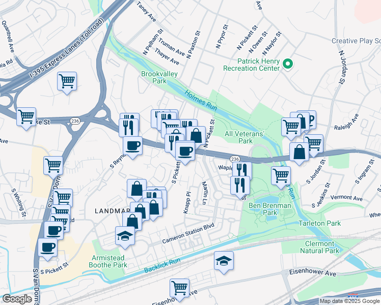 map of restaurants, bars, coffee shops, grocery stores, and more near 5130 Duke Street in Alexandria