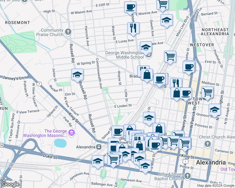 map of restaurants, bars, coffee shops, grocery stores, and more near 21 East Walnut Street in Alexandria